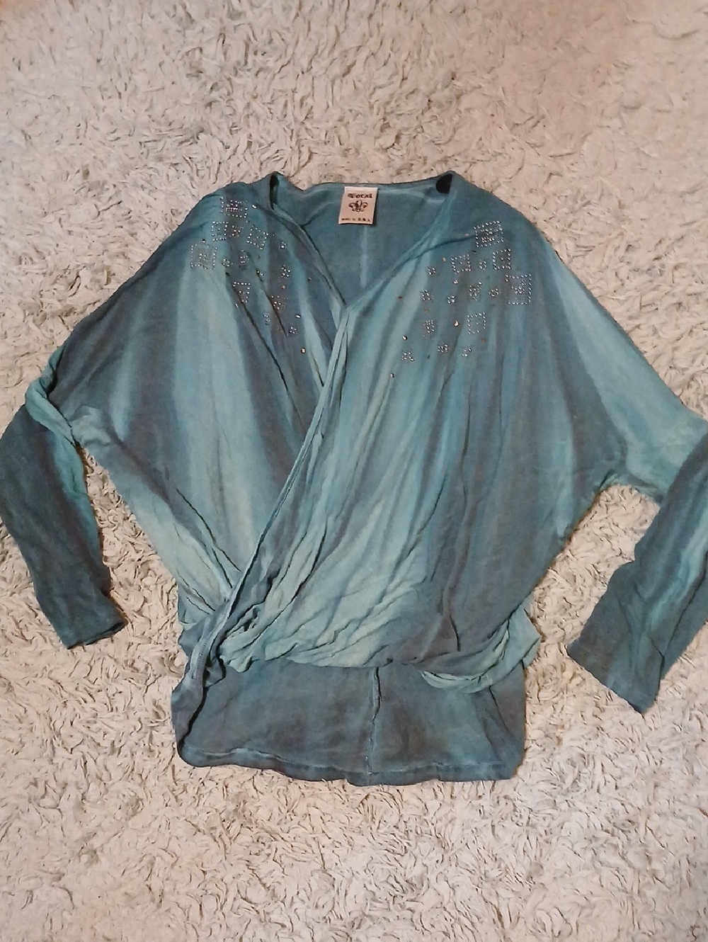 Vocal Teal Gradient Wrap-Style Long Sleeve Top with Stud Detail